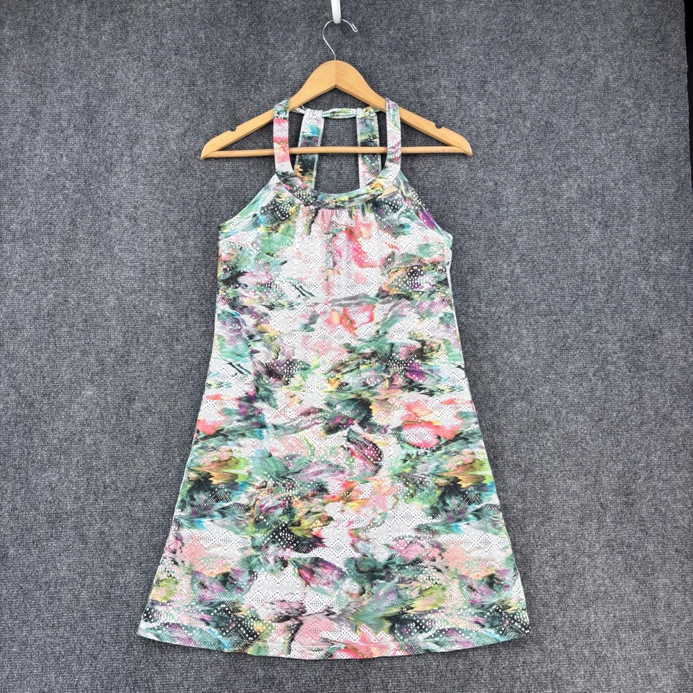 prAna Cantine Dress Size S Racerback Halter Watercolor Floral Artsy Athleisure